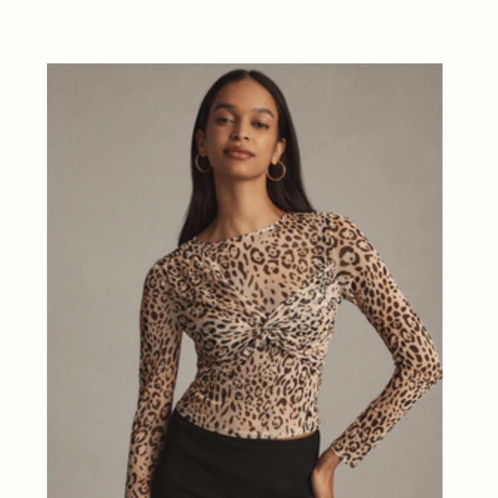 Leopard Print Twist Front Long Sleeve Top - Beige/Black